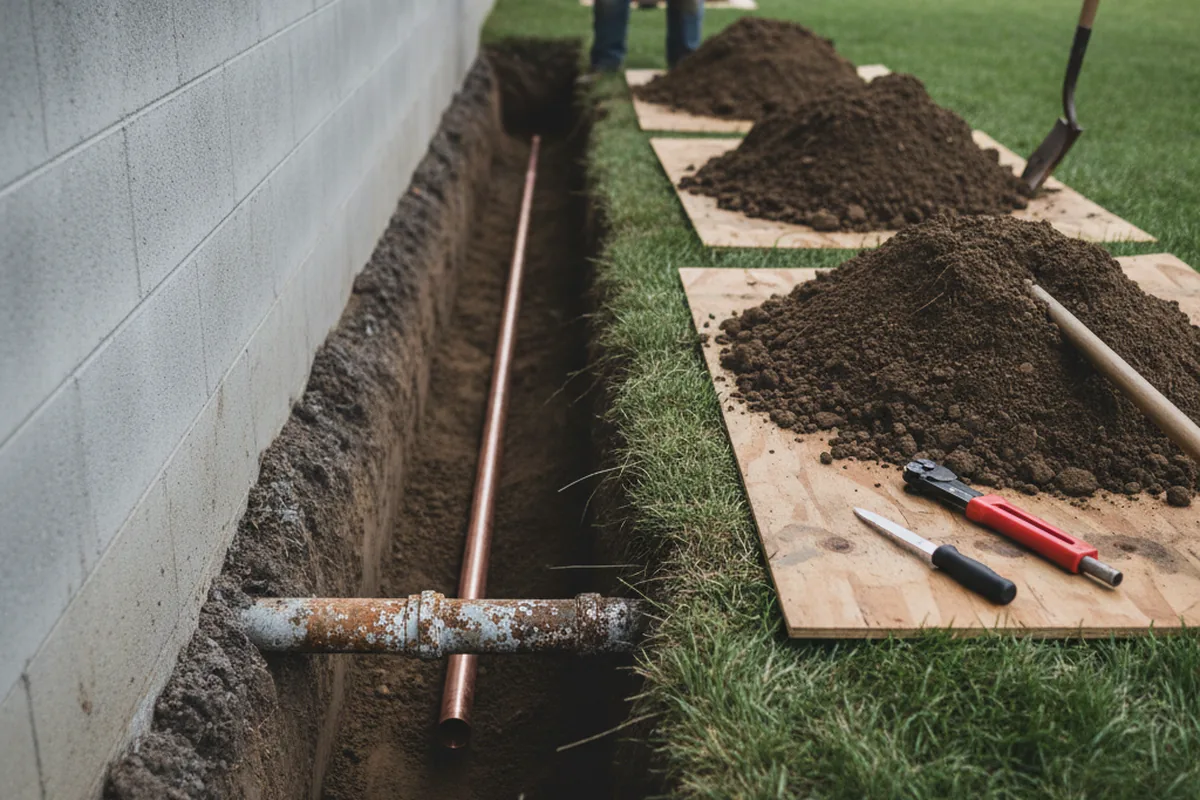 Excavated water line trench during Water Softener Installation in Grand Blanc